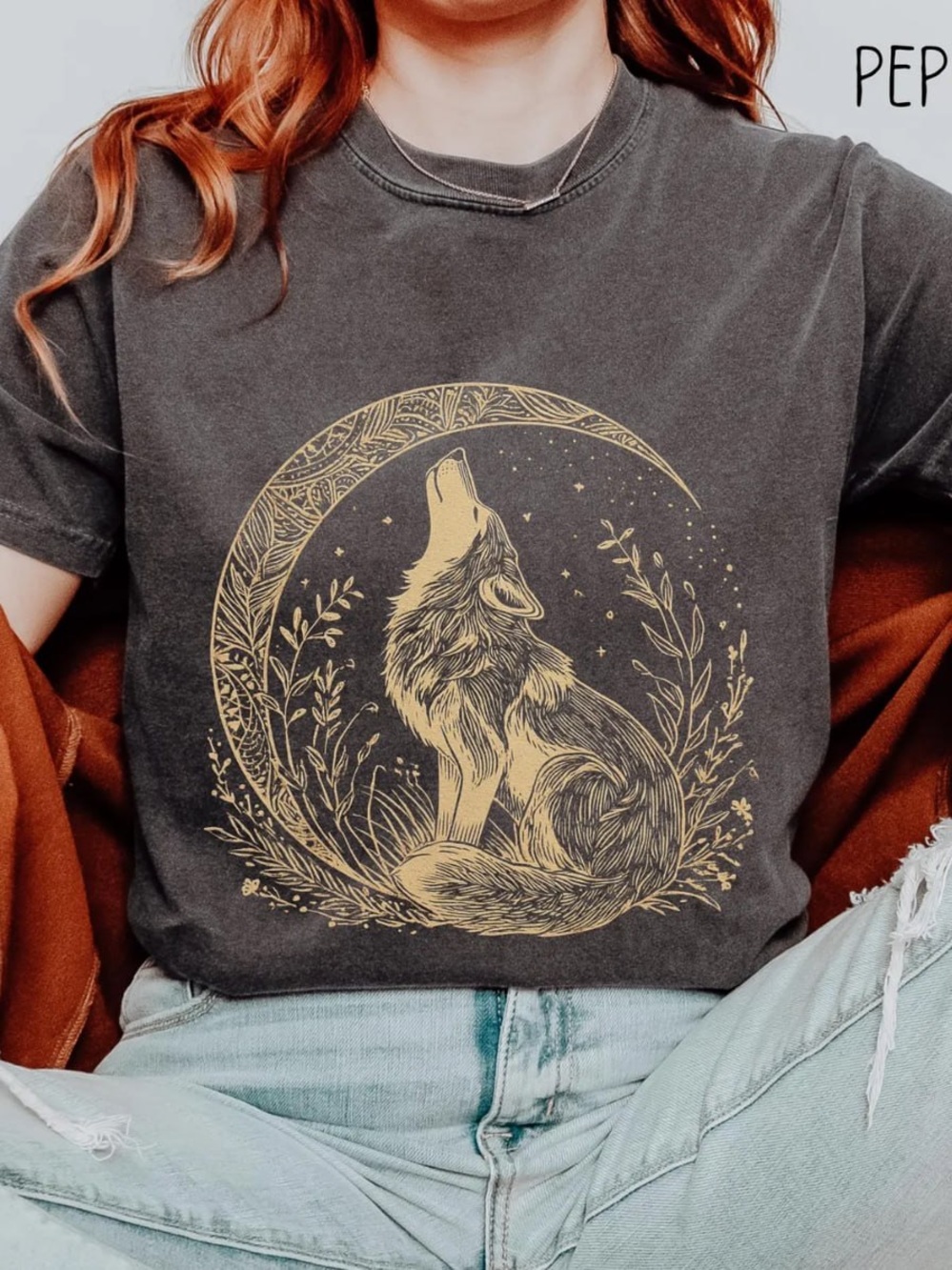 Comfort Colors Pepper Tee with Gold Howling Wolf Graphic